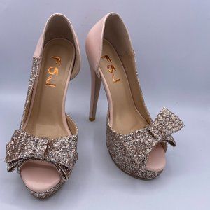 FSJ Pink Glitter Peep Toe Bowknot Stilettos Heels